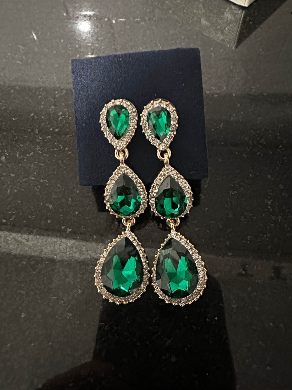 Elegant Gold-Tone Emerald Teardrop Dangle Earrings